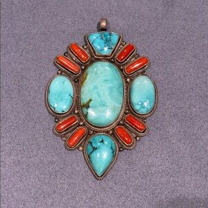 Sterling Silver Turquoise and Red Coral Stone Pendant